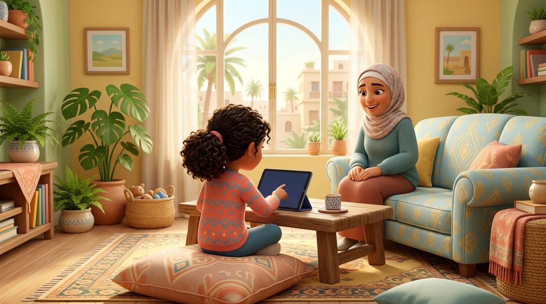 طفلة تتعلّم على جهاز لوحي مع والدتها في ركن مذاكرة بالبيت